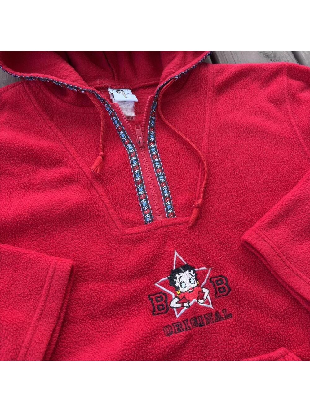 Betty Boop Fleece Hoodie Pullover – Red Quarter Zip Vintage Style Medium 22x27